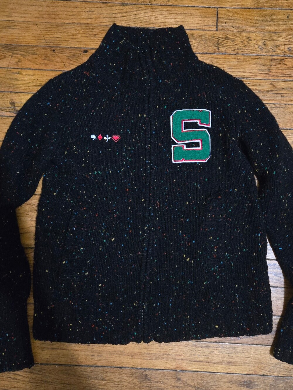 Superlovers S/M Black Speckled Wool Letterman Zip Cardigan Sweater Made in Japan